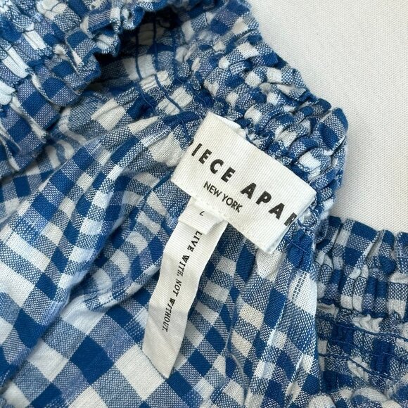 Apiece Apart Blue Plaid Gingham Puff Sleeve Top Size Large Ikat Blouse Cottage - Picture 6 of 11